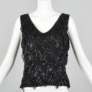 Medium Vintage 1960s Top Black Beaded Fringe Blouse Wool Sweater Tank